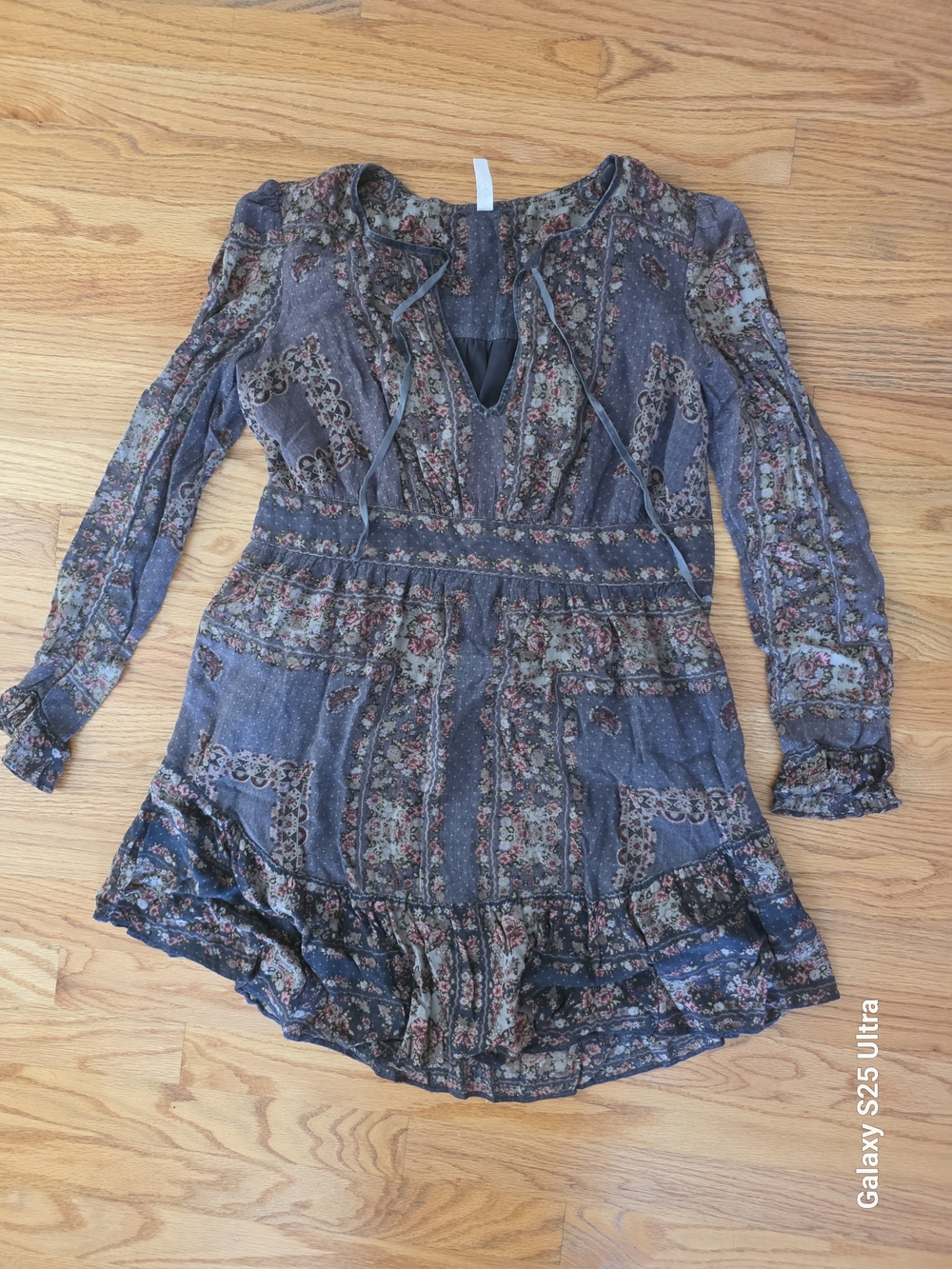 Free People Floral Long-Sleeve Mini Dress in Slate Blue